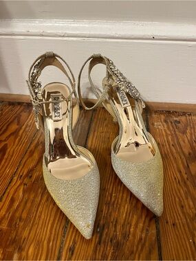 Badgley Mischka Champagne Glitter Pointed-Toe Slingback Heels